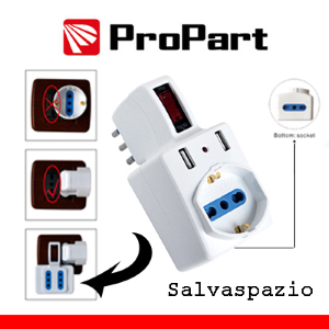 ADATTATORE BIPASSO/SCHUKO +USB SPINA 10A SALVASPAZIO + INTERRUTTORE